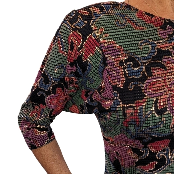 Vintage Janine London Stretchy Metallic Floral Open Back Bodycon Mini Dress Sz S - Picture 11 of 12